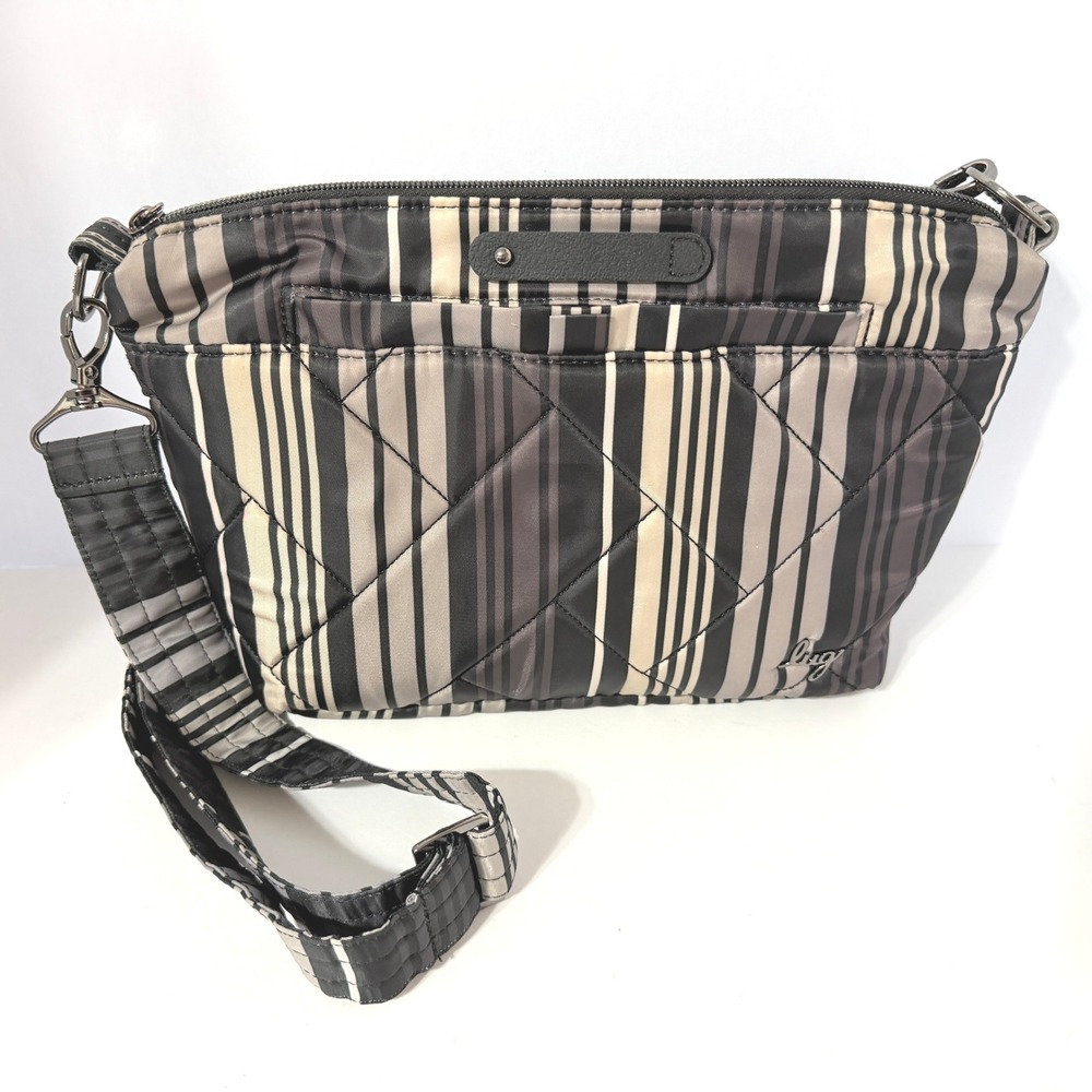 Lug Crossbody Flare Purse Striped Quilted Black Grey Adjustable Strap Travel